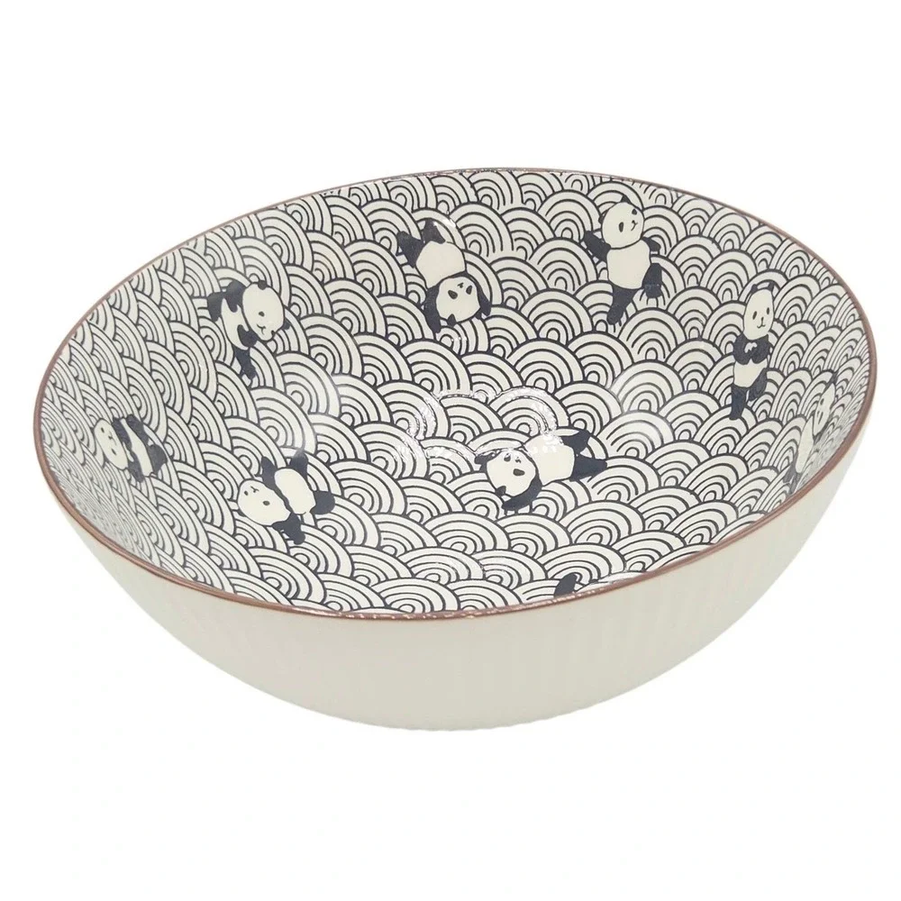 SH Home Black Panda Waves Ceramic Ramen Noodle Bowl Set of 2 Chopsticks & Spoons